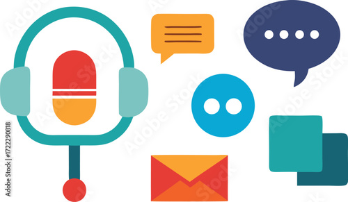 Vector communication icons set microphone phone chat message audio voice recording isolated on transparent background