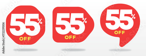 55% off, business, sale, percent, offer,  liquidation, price, shop, discount, design, sign, vector, set, campaign, sticker. Promo, retail, icon, tag, store