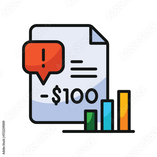 An invoice with an exclamation mark notification and a bar chart