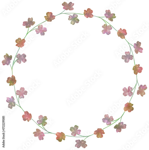 Isolated vector illustration. Round floral decor or frame. Wreath of wild flowers. Gillyflower or carnation. Matthiola bicornis. Clove blossom.