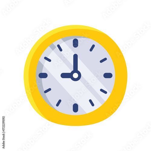 A yellowbordered analog clock with blue hour and minute hands at 9
