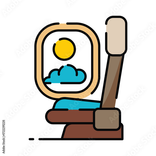 Airplane seat with a window showing the sun and clouds