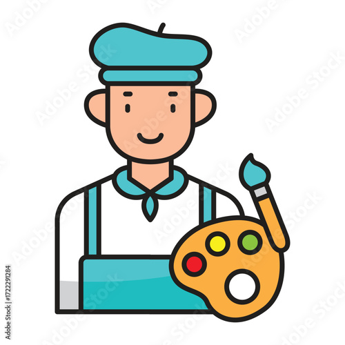 An artist wearing a beret and apron holds a palette and brush