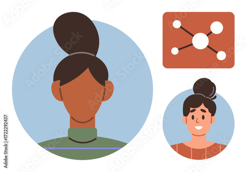 Side profile and smiling portrait of two women in circles with a networking diagram. Ideal for connection, networking, communication, teamwork, identity, diversity, collaboration, simple flat