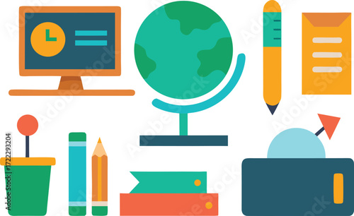 Scalable vector illustration of classroom essentials and study supplies for education isolated on transparent background