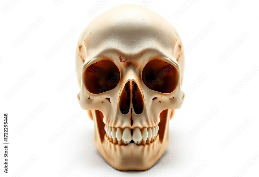 Fototapeta premium Clean, stark white background showcasing a human skull, halloween, white background