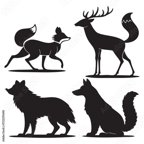 A vector illustration of various black silhouettes of domestic and wild animals, including a collection of dogs, cats, and farm animals