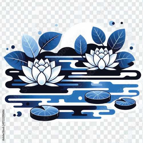 Stylized Blue and White Water Lilies with Rippling Water.