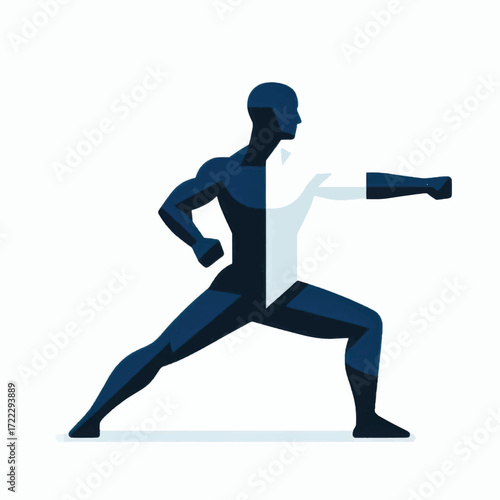 Stylized male figure in dynamic martial arts pose demonstrating strength.