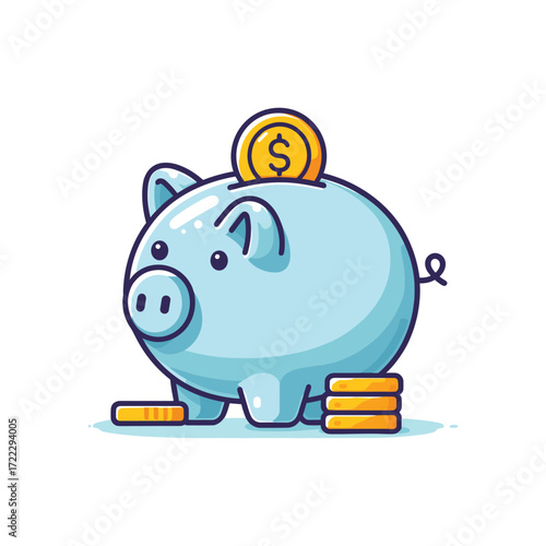 Cute blue piggy bank with coins, symbolizing savings