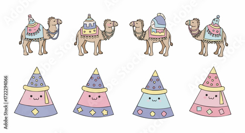 Christmas icon vector cute cartoon camels with decorative saddles and party hats vector illustration for kids and design