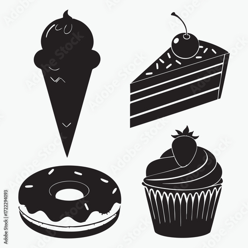 A colorful vector illustration of a set of delicious cakes, cupcakes, and other desserts with cream, cherries, and fruits, perfect for a birthday or party celebration