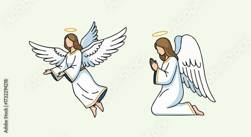 Christmas icon vector two guardian angels praying and flying with wings and halo illustration vector art for christmas theme use