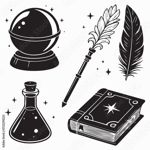 A vector set of vintage black and white objects, featuring an old pen, inkwell, and feather quill illustrations on paper