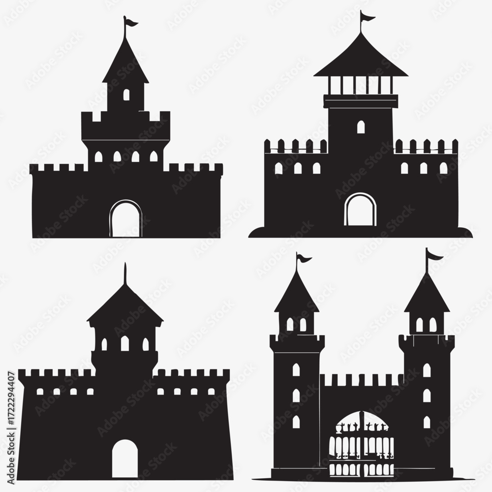 Obraz premium A vector illustration of a cartoon medieval castle with towers, a flag, and a fantastical, fairytale building