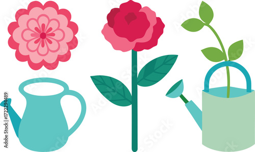 Blooming garden icons vector set rose peony hydrangea watering cans scalable eps illustration isolated on transparent background