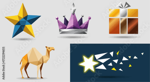 Christmas icon vector low poly christmas nativity scene illustration with star crown gift camel and comet vector graphic design