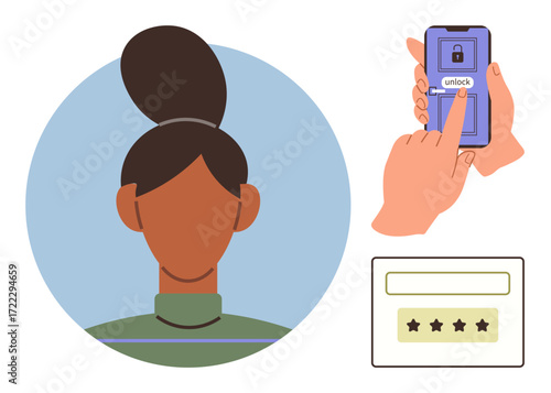Womans profile with facial recognition, hand unlocking phone, password input field. Ideal for security, identity verification, technology, privacy, digital access, cybersecurity online safety