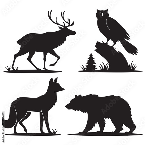 A collection of wild animal silhouettes, including a wolf, deer, and bear, in a black vector illustration
