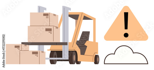 Forklift carrying stacked boxes next to an exclamation warning sign and stylized cloud, emphasizing safety, logistics, delivery, storage, workplace hazards, caution, and transportation. A simple flat