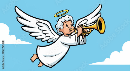 Christmas icon vector cartoon angel playing trumpet in the sky vector illustration graphic art design for christmas holidays