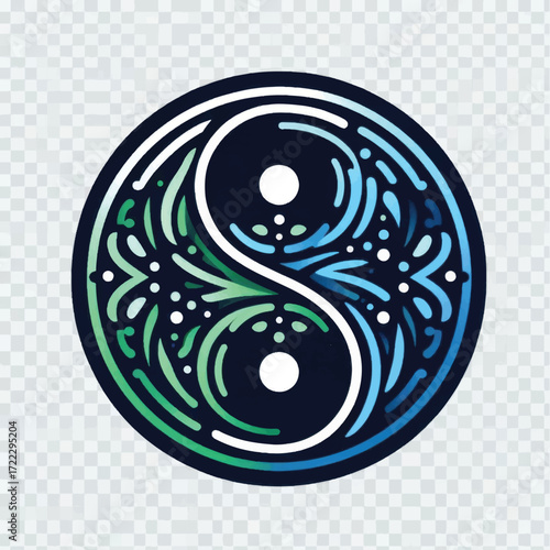 Yin Yang Symbol with Floral and Swirling Elements in a Circular Design.