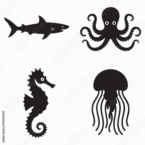 A black vector silhouette of a fantasy sea dragon in a cartoon animal set for a tattoo design