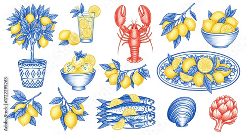 Lemon citrus elements like fresh lemons, refreshing seafood, and gourmet ingredients for design