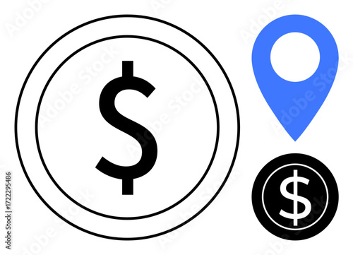 Dollar currency symbols placed within black and white circles alongside a blue map pin. Ideal for finance, location-based services, payment, banking, savings, navigation, monetary transactions