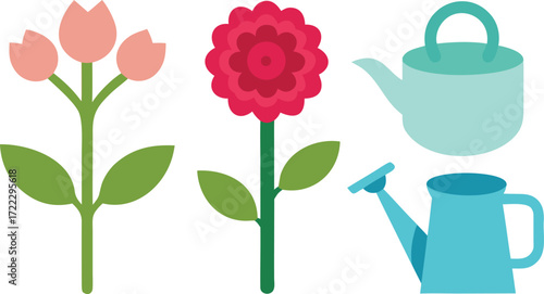 Blooming garden icons vector set featuring rose peony hydrangea and watering cans eps isolated on transparent background
