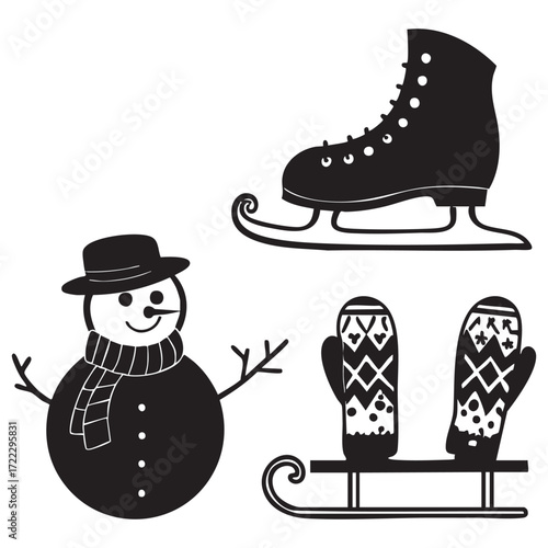 A vector illustration of a cartoon snowman with one foot on a figure skate and the other in a winter boot, ready to hit the ice