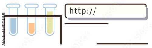 Test tubes containing colored liquids beside a URL address bar. Ideal for scientific research, technology, innovation, data analysis, web development, education, modern communication. Simple flat