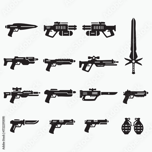 Vector silhouette illustration of a collection of black and white military guns and weapons including an isolated automatic rifle, shotgun, pistol, and handgun