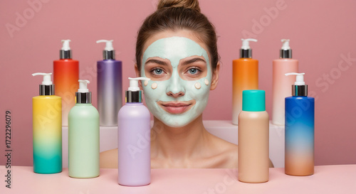 Young woman with face mask smiling among colorful skincare bottles  