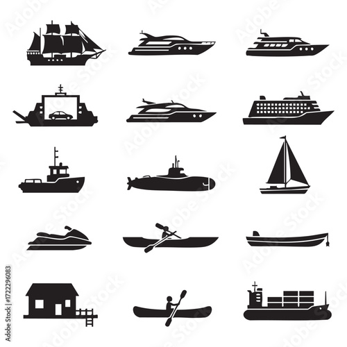 A black vector silhouette set of various sea vessels including cruise ships, fishing boats, and sailboats for nautical transportation icons