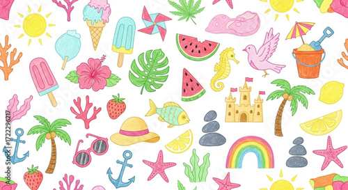 Summer Fun A Colorful Seamless Pattern of Beachy Delights and Tropical Vibes