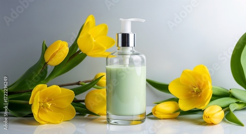 Glass bottle with green lotion surrounded by yellow tulips  