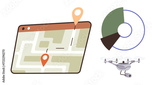Online map with location pins, delivery quadcopter, and pie chart represent logistics, navigation, transport, analytics, delivery technology, supply chain location tracking. Ideal for tech interfaces