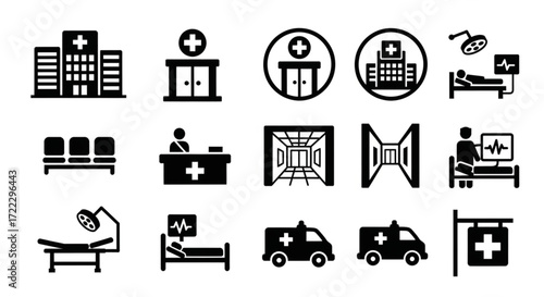 hospital and medical icons including building, ambulance, patient bed, and doctor's office