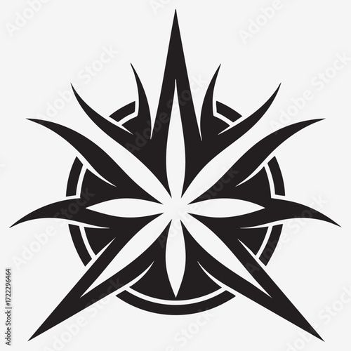 Black and white floral vector illustration of an abstract flower design element with a petal and leaf pattern