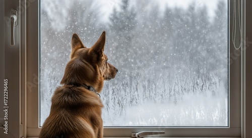 Dog looking out the window at snow-covered landscape in winter  
