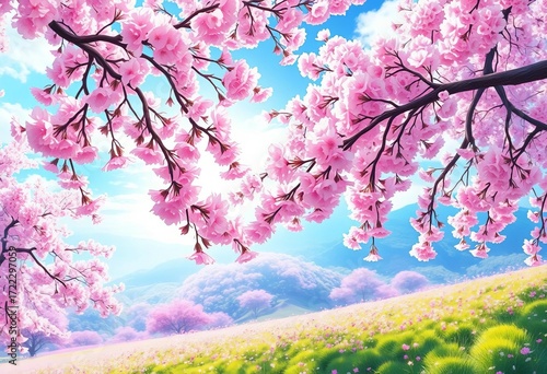 Cherry blossoms falling on vibrant spring landscape, anime-style pastel colors, art, light
