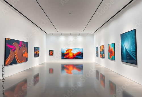 Sleek minimalist gallery showcasing modern art installations,  interactive,  abstract