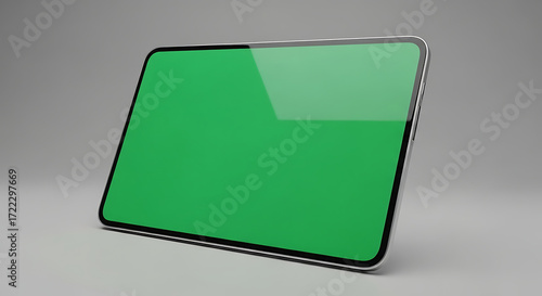 Modern digital tablet computer with a green chroma key screen for mockup presentations on a gray background