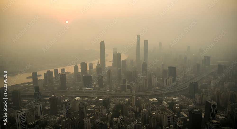 Fototapeta premium Smoggy Skyline of a Modern City at Sunrise, with a River and Tall Buildings