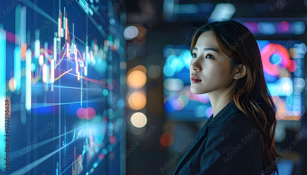 Naklejka premium Young woman stands with trading charts glowing behind her