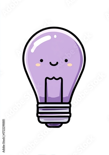Cute, cartoon lightbulb in soft purple.  Simple, stylized design with a happy expression