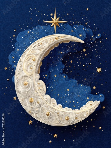 A detailed crescent moon, intricately crafted from paper, depicts a serene night sky filled with shimmering stars and soft clouds.
