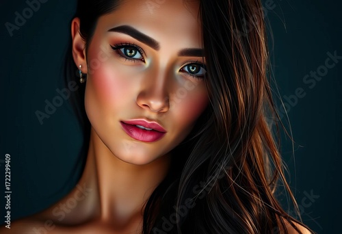 Wallpaper Mural Radiant visage, cascading dark tresses, flawless skin,  shadow,  glossy Torontodigital.ca