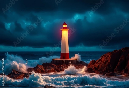 Lighthouse standing tall against stormy sea, beam cutting through darkness, architecture,  steadfastness